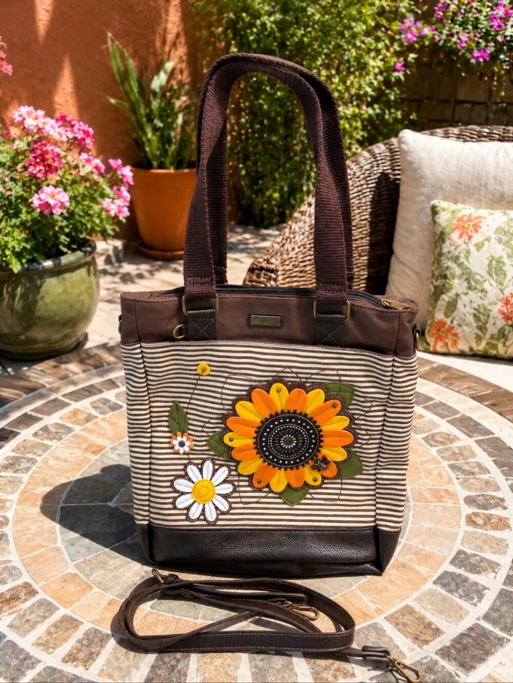 CHALA BROWN STRIPE BEE SUNFLOWER WORK TOTE PURSE FAUX LEATHER CANVAS STRIPED